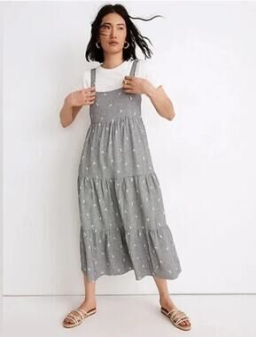 NEW! Madewell Embroidered Tiered Midi Dress in GINGHAM CHECK (2X)